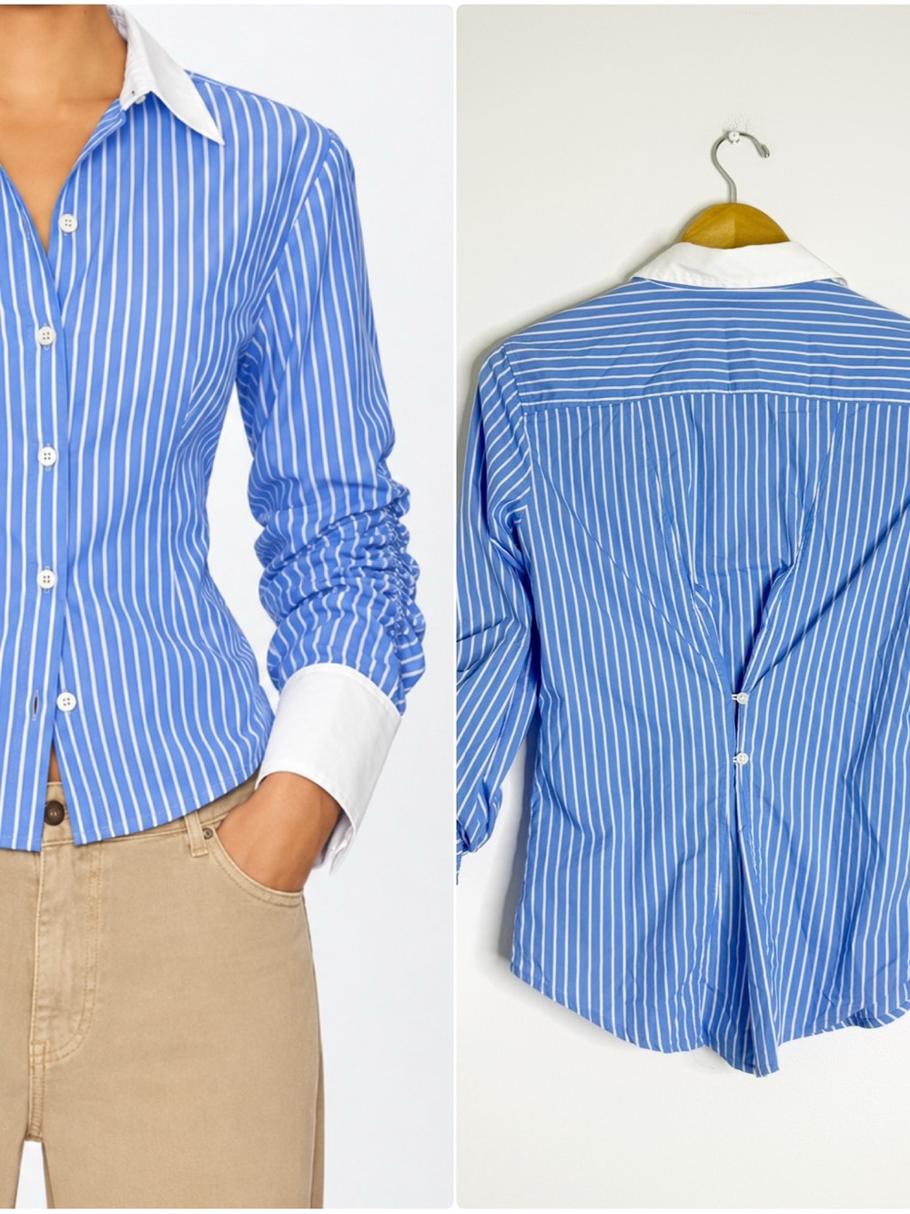 White House Black Market Striped Button Up Blouse Size 4 Ruched Sleeve